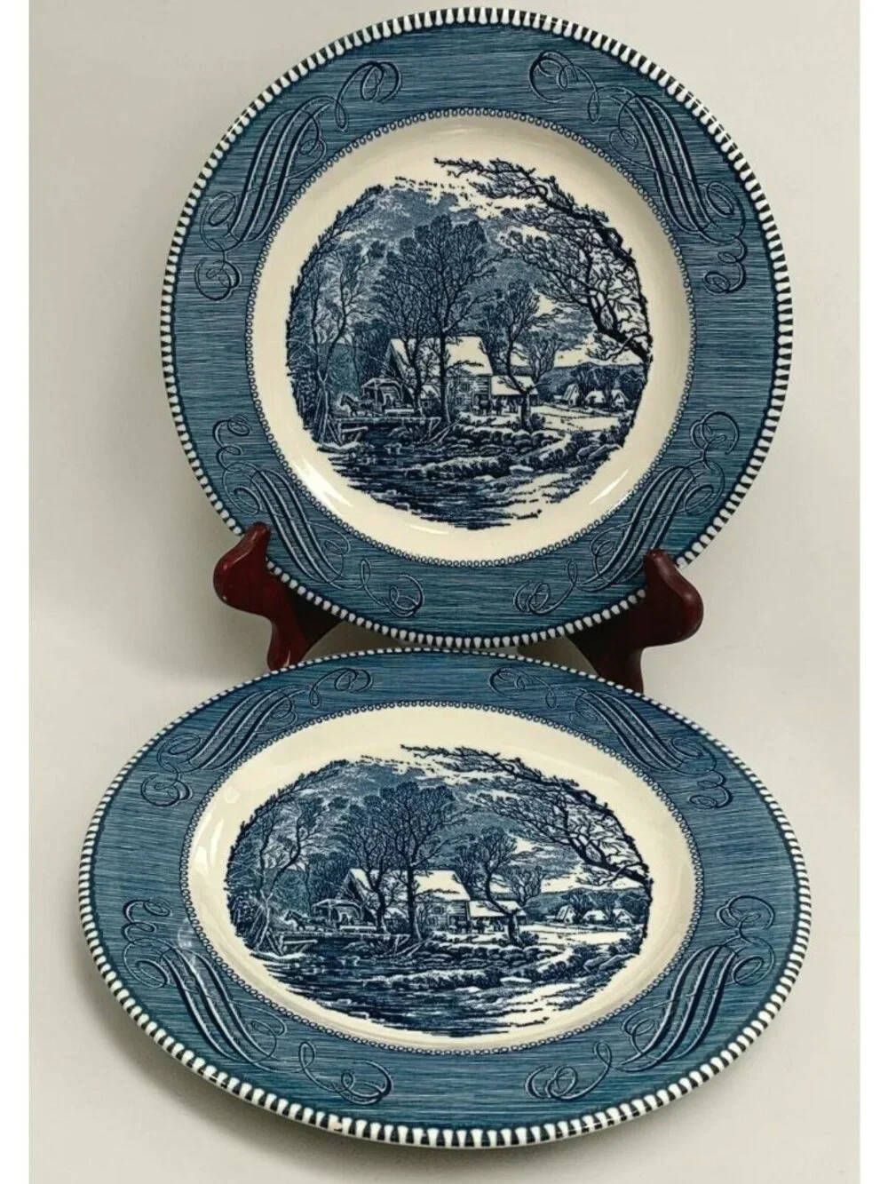 Royal Currier & Ives Dinner Plate Set Old Grist Mill Blue White 10